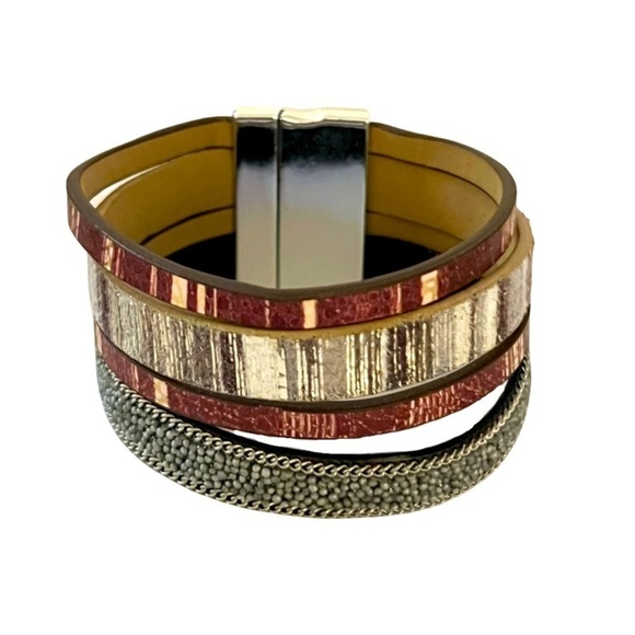 Multi Strand Red & Grey Leather Bracelet - Picture 1 of 3